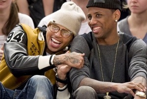 Celebrities court side at Madison Square Garden for the Knicks vs. Oklahoma City Thunder. Chris Brown, Fabolous, Ciara and Seth Meyers along with others attended the NY Knicks game at the Garden.  Pictured: Chris Brown and Fabolous Ref: SPL235357  231210   Picture by: Anthony J. Causi / Splash News Splash News and Pictures Los Angeles:310-821-2666 New York:212-619-2666 London:870-934-2666 photodesk@splashnews.com 